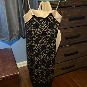 Cocktail dress. Cream fabric with black lace overlay. Shawl included.